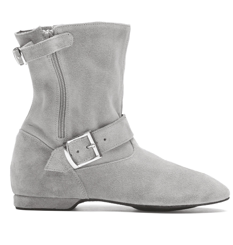 Rumpf 8835, graue Wildlederstiefelette mit seitlichem Reißverschluss und Schnallenriemen, ideal für West Coast Swing.